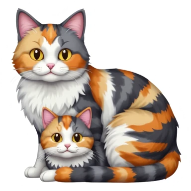 full body colourful light patched calico + white tabby cat cuddling a large dark grey and white tabby cat  sticker