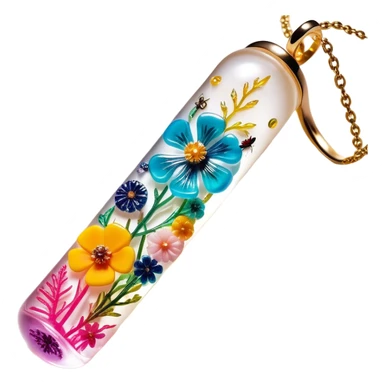 Create an icon that represents decorative arts using epoxy resin. The design should feature colorful tubes of resin, including fluorescent resin tubes, with visible drops or strokes of resin being applied to create intricate designs. Include finished resin jewelry pieces, such as pendants or rings, containing preserved flowers and insects encased in clear resin. The composition should feel vibrant, artistic, and delicate, showcasing the unique beauty of resin art with natural elements. The background should be transparent sticker