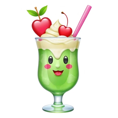 clear emoji-style of a green soda float with ice, vanilla ice cream scoop, two red cherries, pink heart-shaped straw, simple shapes, bright colors, glossy, kawaii style, centered, transparent background
 sticker