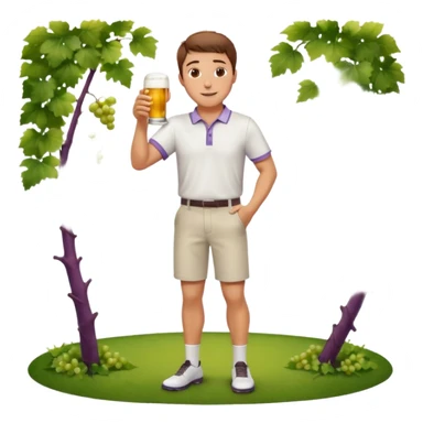 Handsome. Male. Happy. Brown short hair. Wearing white golf shirt and shorts. Drinking beer. Cheersing. Full body. Grape vines background  sticker