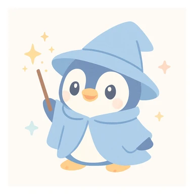 cute penguin wizard casting a spell, with sparkles and a blue cloak sticker