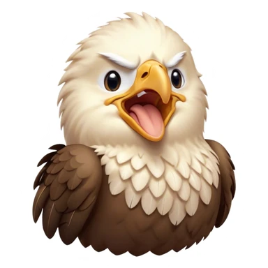 Cinematic Cute Yawning American Eagle Portrait Emoji, Head tilted slightly with a dramatic, wide-open yawn, showcasing a stately form with gently drooping feathers and sleepy, half-closed eyes, Simplified yet irresistibly adorable features, highly detailed, glowing with a soft, cozy majestic glow, high shine, relaxed yet expressive, stylized with a dash of whimsical aerial charm, soft glowing outline, capturing the essence of a drowsy yet affectionate American eagle that appears ready to stretch out for a nap! sticker