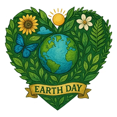 heart with Earth Day theme, green leaves, globe, nature, environmental awareness, vibrant and hopeful sticker