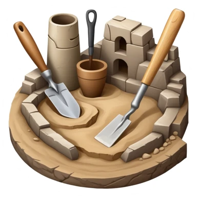 An icon showing an archaeologist’s tools: a trowel, brush, and a partially uncovered ancient artifact like a vase or tablet. The design includes a sandy excavation site with ruins in the background, symbolizing the discovery of past civilizations. Transparent background  sticker