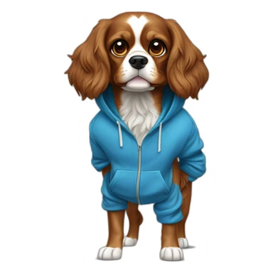 Fully Brown/golden, no white, cavalierk King Charles spaniel dog with blue hoodie on, over his head, happy, wagging tail, full body sticker