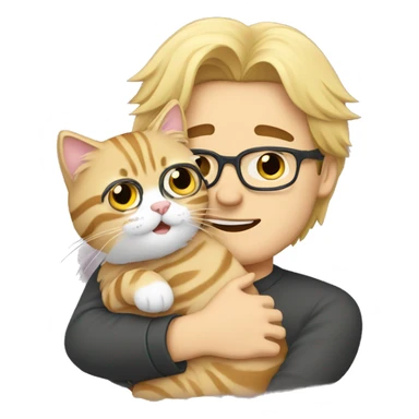 a blond guy with glasses hugging a Siberian cat sticker