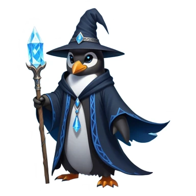 A mysterious penguin mage with sleek midnight-blue feathers, wearing a flowing black robe adorned with silver runes. A tall, pointed wizard hat sits slightly tilted on his head, the brim casting a shadow over his glowing icy-blue eyes. His flipper clutches an ancient wooden staff topped with a swirling crystal, radiating a soft, cold light. Snowflakes drift around him as he stands on a frozen cliff, his aura crackling with arcane energy, ready to summon a blizzard with a flick of his staff. sticker