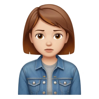 a woman with a brown short hair, looking at the left, worried, wearing a denim jacket, only upper body, high quality sticker