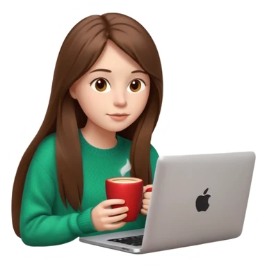 young woman, 20 years old, long straight brown hair, wearing a sweater, sipping coffee while looking at a laptop, relaxed mood, 3D Apple emoji style sticker