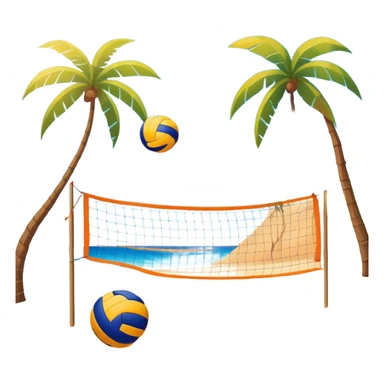 The scene captures a sunny beach atmosphere with clear blue sea and sky, palm trees swaying, and people in swimsuits enjoying the vibrant surroundings. A volleyball resting on the orange sand ground of a beach, with a volleyball net in the background.  sticker