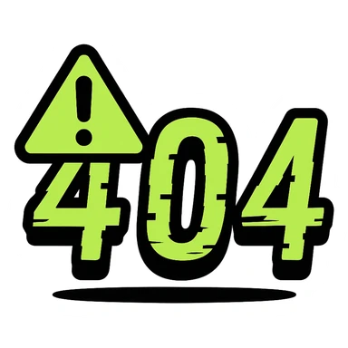 Edit the 404 icon in neon green and black in color outline icon style. Add a warning triangle. Make the numbers more glitchy. Add a shadow effect. sticker