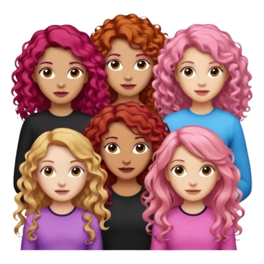 5 girls  curly redhead, one with brunette dyed blonde hair, one long haired wavy brunette, one mid-length haired brunette, and one black haired girl with partially dyed bright red/pink hair sticker