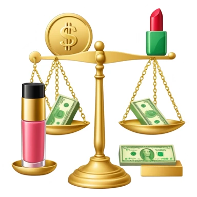 gold scale with left side green dollar bills and right side beauty products lipstick and nail polish, no lips, no extra elements sticker