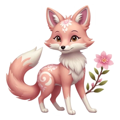 Anthropomorphic digitigrade Pastel beige and pastel Sakura-pink fox furry-Falvie-Fionbri-fursona with floral swirly markings and white spot markings, 2 legs, modern, sophisticated  sticker