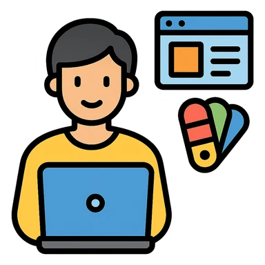web designer as a color outline icon, showing a person at a computer with design elements like a color palette and wireframe sticker