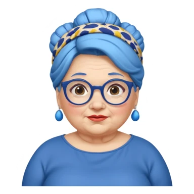 fat old woman with blue big bun hair and glassess and headband sticker