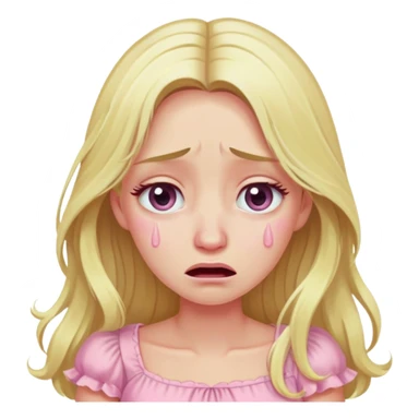 blonde with long hair and swamp eyes in a pink pastel dress, cry sticker