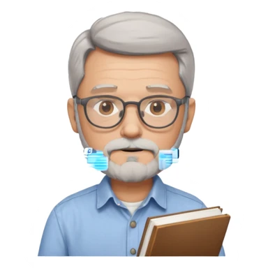 man with gray beard and glasses studying sticker