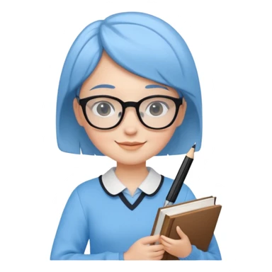 A smart and cute girl with short hair, wearing sky blue clothes,
I hold a book in one arm. There is a pen in the book.
He is wearing black-rimmed glasses and smiling brightly. sticker