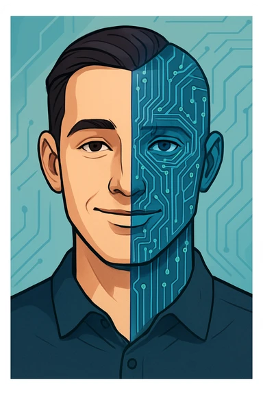 artificial intelligence, half-human half-circuit face, seamless blend, modern, inviting expression sticker