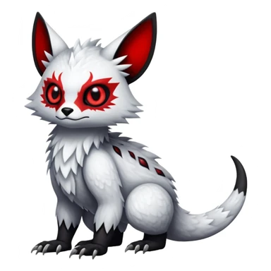 a white exotic edgy vernid-fionbr-Fakémon-creature, with black belly and red eyes, full body sticker