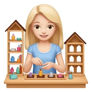 smiling girl arranging furniture in doll house sticker