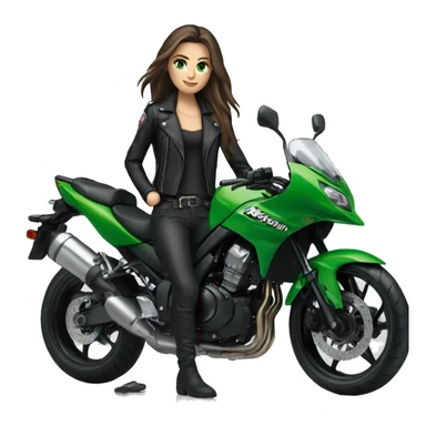 Brunette Girl with Green eyes, Long hair, wearing a black leather jacket is sitting next to a Kawasaki motorbike sticker