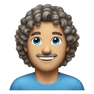man-with big smile-curly brown-hair with grey streaks-and-blue-eyes, blue shirt sticker