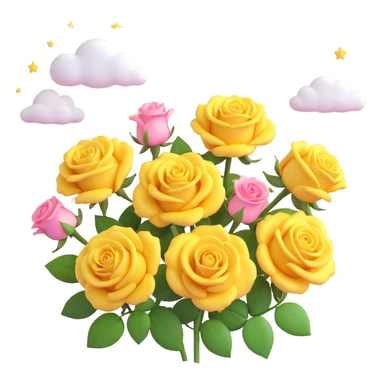 Polaroid picture with yellow roses and a pink sky with stars and clouds, detailed, white background, 3D iOS style sticker