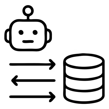 outlined icon of a chatbot with arrows pointing to a database, representing question-to-query conversion sticker