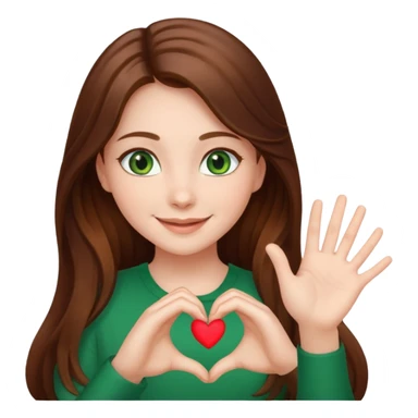 Girl green eyes brown long hair doing hands heart sticker
