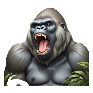 Cinematic Cute Yawning Silverback Gorilla Portrait Emoji, Head tilted slightly with a dramatic, wide-open yawn, showcasing a formidable build with a silvery mane and drowsy, half-closed eyes, Simplified yet irresistibly adorable features, highly detailed, glowing with a soft, cozy jungle glow, high shine, relaxed yet expressive, stylized with a dash of whimsical primate charm, soft glowing outline, capturing the essence of a drowsy yet affectionate guardian that appears ready to stretch out for a nap! sticker