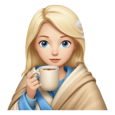 Blonde with blue eyes wrapped up in a cozy blanket with a hot coffee sticker