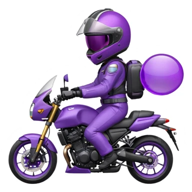 Créer un emoji avec une moto mt07 sport noir mate / violet iridescent très foncé. Avec une pilote dessus visière violet sombre faceless, bulle de la moto violet. Avec fond arrière violet, tenue complète casque inclus violet  sticker