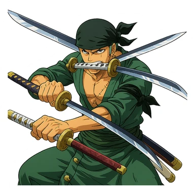 Zoro Roronoa from One Piece, anime style, bandana on head, three swords, battle-ready pose sticker