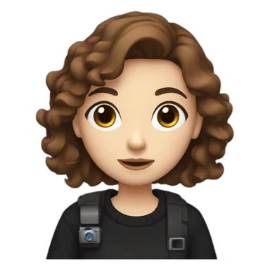 girl with short wavy brown hair, blue eyes, wearing a black sweater, holding a videocamera sticker