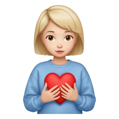 una niña con el pelo corto, con la sudadera de forma de pollito sujetando un corazón sticker