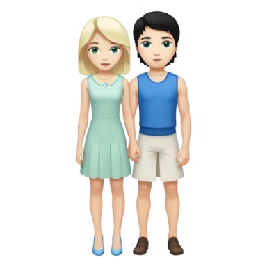 prince, standing upright, black Hair, blue eyes, garment,  woman, bending knee, white sleveless dress, blonde hair, green eyes, sticker