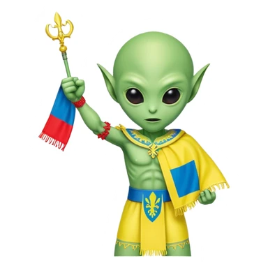 Green alien in Shirt 👚 vyshyvanka, white with red embodiary on sleeved, with 🇺🇦 Ukraine flag in a hand and 💪 sticker