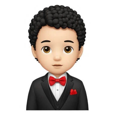 baby boy curly black hair in suit, with red bow sticker