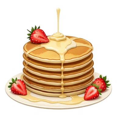 a stack of pancakes with melted white chocolate drizzle and strawberries sticker