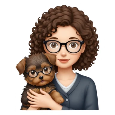 Brunette girl with glasses and curly hair embracing a yorkshire terrier puppy sticker