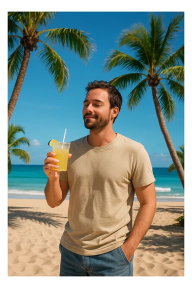 take this picture of a man and make it  beach photo with drink sticker