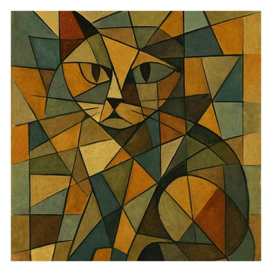 {
  "style_description": {
    "name": "Cubist Abstraction",
    "overall_look": "Deconstructed, multi-perspective abstraction with intersecting geometric planes",
    "composition": {
      "structure": "Fractured and fragmented shapes that overlap and intersect",
      "perspective": "Multiple simultaneous viewpoints, often distorted or rotated",
      "layout": "Asymmetrical, collage-like arrangement of visual elements"
    },
    "geometry": {
      "shapes": ["rectangles", "triangles", "trapezoids", "irregular polygons"],
      "edge_style": "hard, angular lines with minimal curves",
      "dimensionality": "flattened depth with layered planes"
    },
    "color": {
      "palette_type": "muted and earthy tones with occasional vivid accents",
      "application": "flat fills, overlapping transparencies, and color-blocked segments",
      "shading": "minimal or abstract, without realistic gradients"
    },
    "texture": {
      "use": "optional",
      "types": ["paper grain", "brushstroke pattern", "canvas roughness"],
      "purpose": "to evoke an analog, hand-rendered quality"
    },
    "subject_treatment": {
      "representation": "symbolic and abstract rather than literal",
      "distortion": "intentional exaggeration and fragmentation of form",
      "focus_on": ["structure", "form relationships", "compositional rhythm"]
    },
    "background": {
      "style": "integrated with subject forms",
      "purpose": "to emphasize the composition rather than isolate figures"
    },
    "render_constraints": {
      "avoid": ["realistic lighting", "photorealism", "perfect symmetry"],
      "encourage": ["overlapping shapes", "multi-angle views", "abstract composition"]
    }
  }
}

{subject} = cat sticker