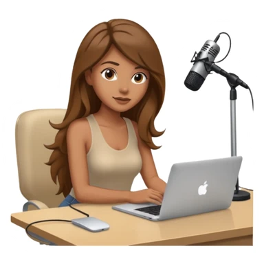 tanned brown long hair woman, sat at desk with MacBook, podcast microphone bleige top and vine color, sexy, glass table sticker