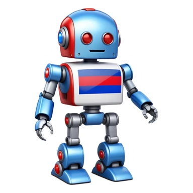 Robot with blue, white, and red Russian flag colors on its metallic body sticker