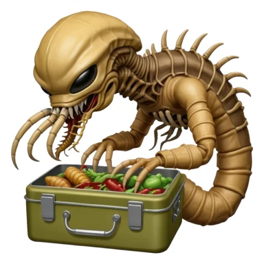The original Predator with mask and mouth piece eating an Alien facehugger from a lunchbox, the setting should be dark and real. sticker