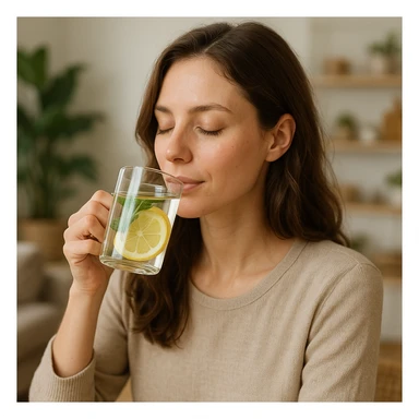 young woman drinking water or detox tea, relaxed expression, wellness atmosphere, realistic details, living room or kitchen background sticker
