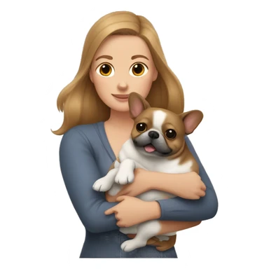light brown hair woman hugging two dogs: in one arm a pomeranian and in the other a dark gray french bulldog sticker