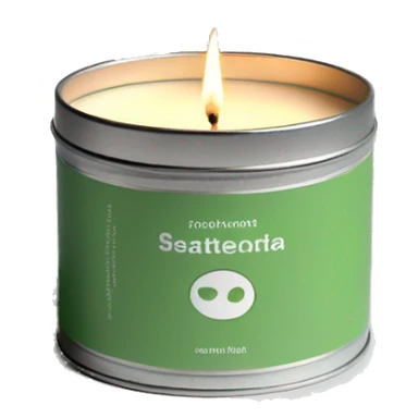 lit matcha scented candle in a silver tin with a small white label realistic sticker